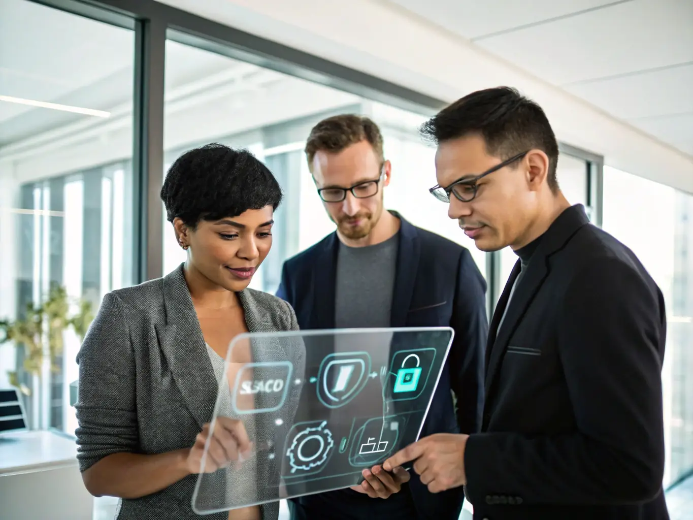 A team of consultants collaborating on a system architecture design, reflecting TechKnowledge Canada's consulting expertise.
