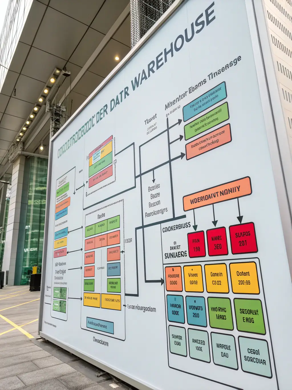A screenshot of a data warehouse architecture diagram, illustrating the flow of data from various sources into a centralized repository, designed by TechKnowledge Canada.