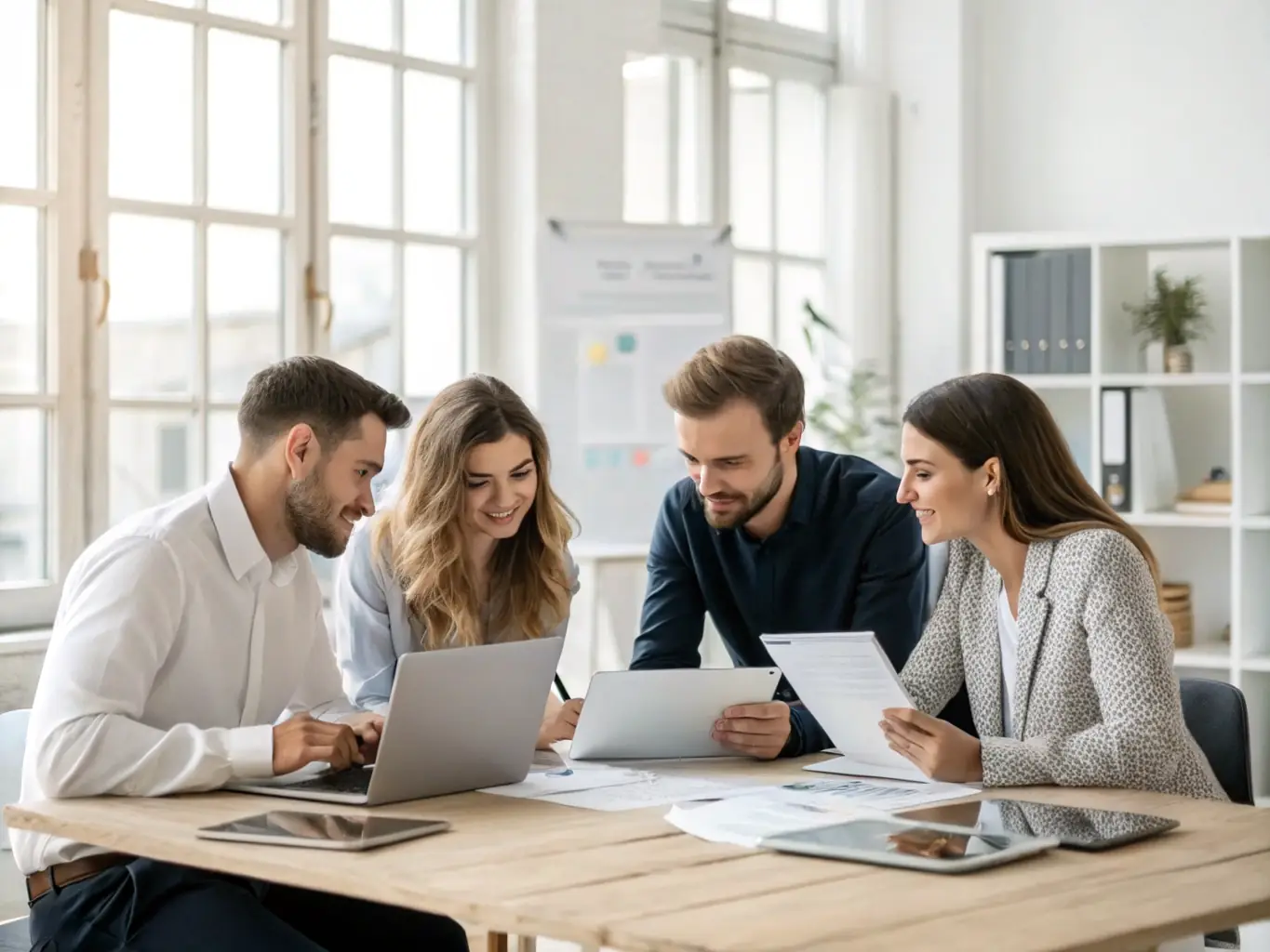A diverse group of professionals collaborating on a data analytics project in a modern classroom setting, emphasizing teamwork and practical application of skills.