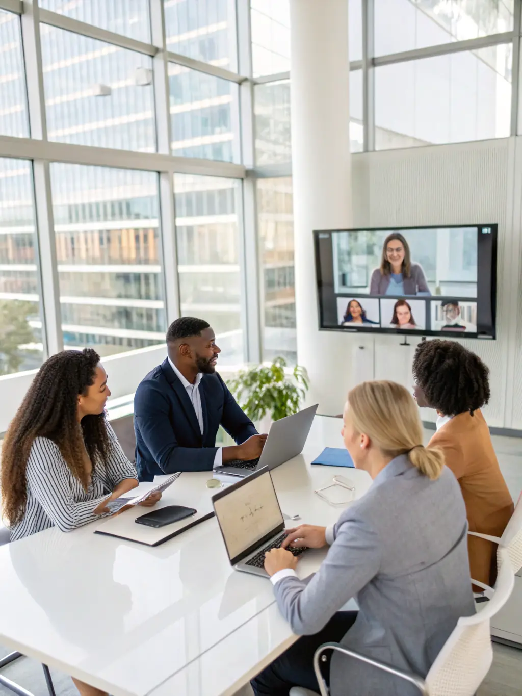 A diverse group of professionals collaborating on a data analytics project in a modern, well-lit training room, reflecting TechKnowledge Canada's commitment to collaborative learning.
