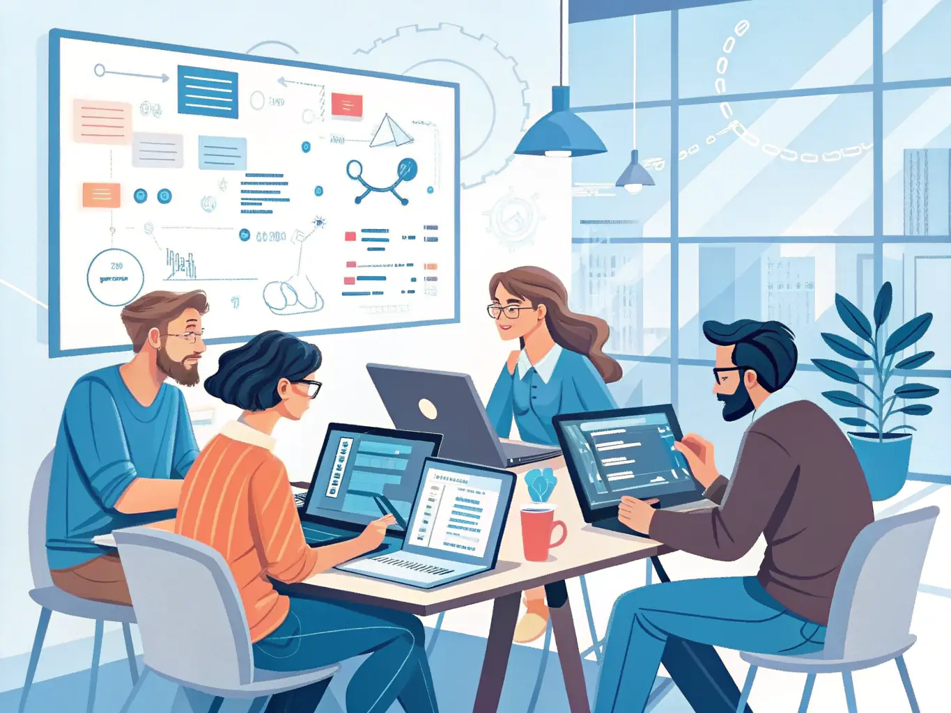 A software development team collaborating on a project, using agile methodologies and modern tools, in a bright and collaborative office environment.