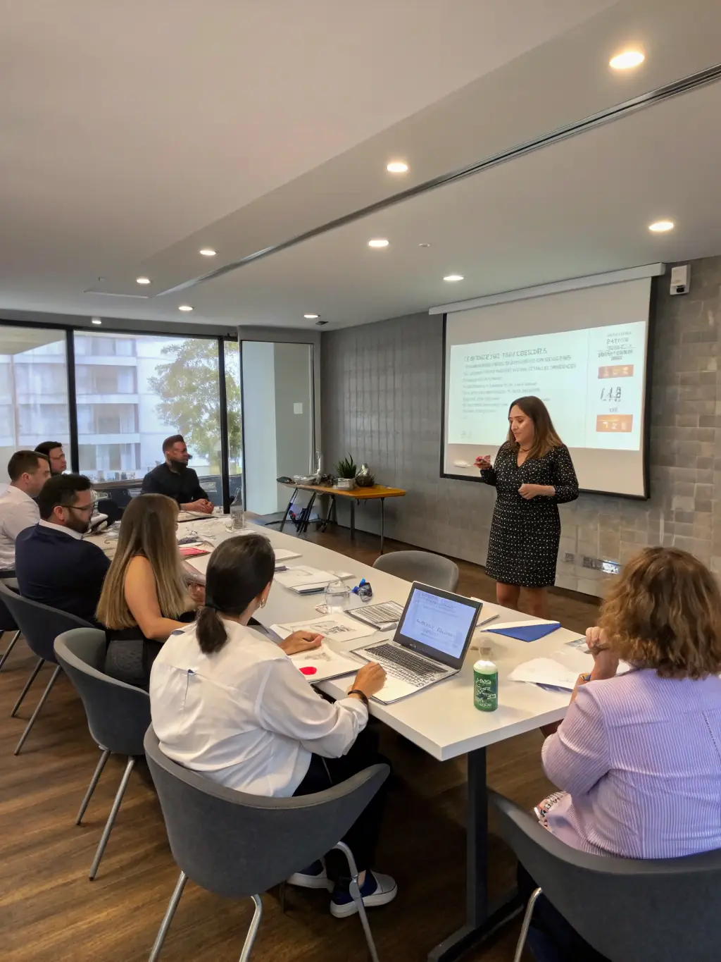 A consultant facilitating a workshop, guiding participants through a problem-solving exercise with sticky notes on a whiteboard.