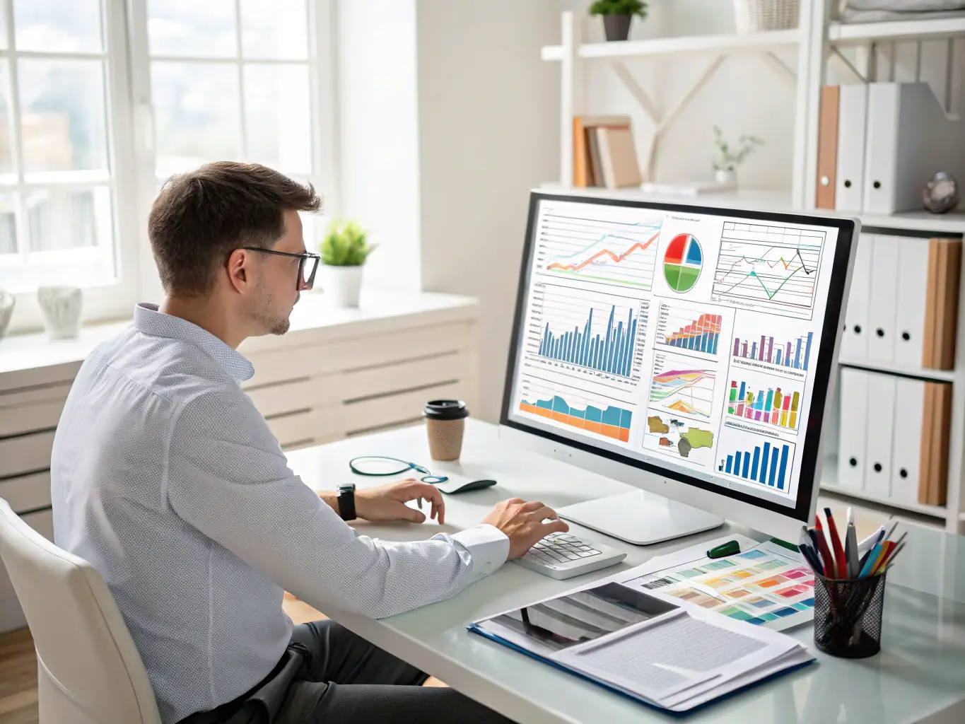 A professional in a modern office setting is analyzing data on a large monitor, with charts and graphs displayed prominently. The scene conveys a sense of focus and expertise in data analysis.