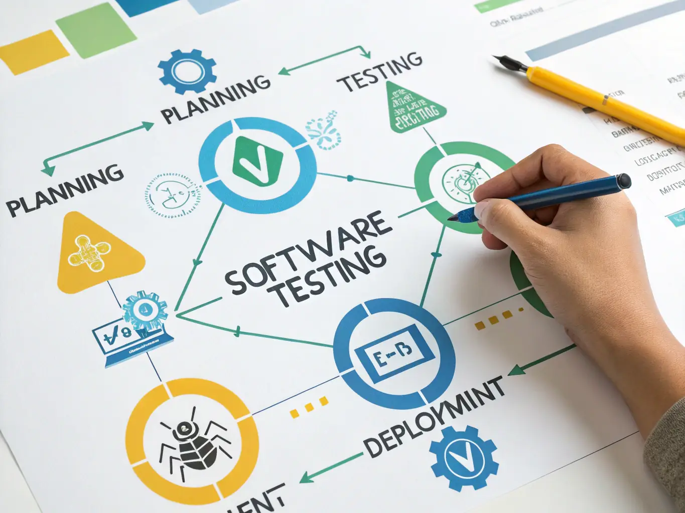 A diagram illustrating the different stages of the software development lifecycle, from planning and design to testing and deployment, with clear milestones and deliverables.