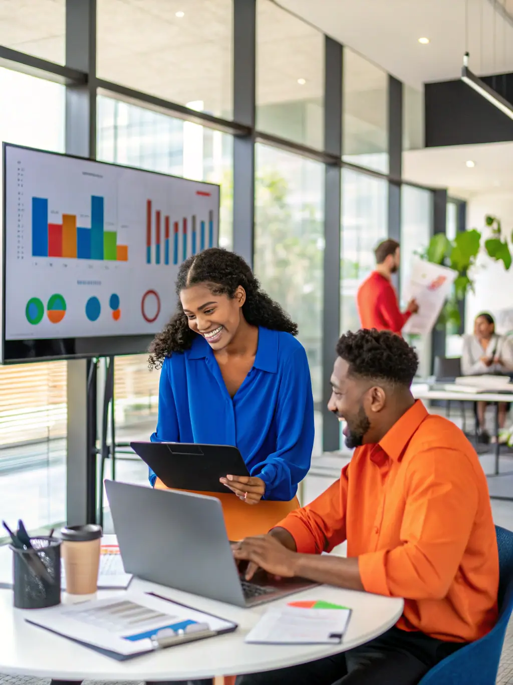 A consultant in a meeting, pointing at a dashboard on a screen, explaining data insights to a team of professionals in a modern office setting.